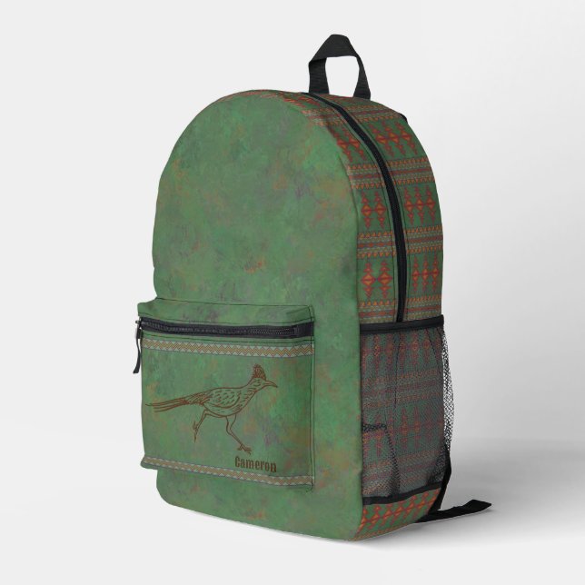 Southwest Roadrunner Green Geometric Personalised Printed Backpack (Back Corner Right)