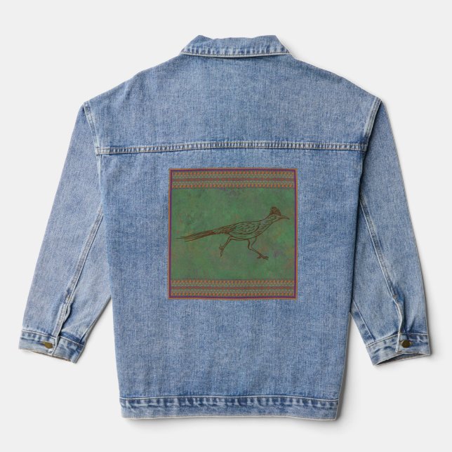 Southwest Roadrunner Sage Green Geometric Borders Denim Jacket (Back)