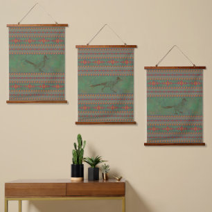 Southwest Roadrunner Sagebrush Green Geometric Set Hanging Tapestry