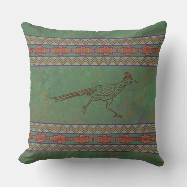 Southwest Roadrunner Sagebrush Green Throw Pillow (Front)