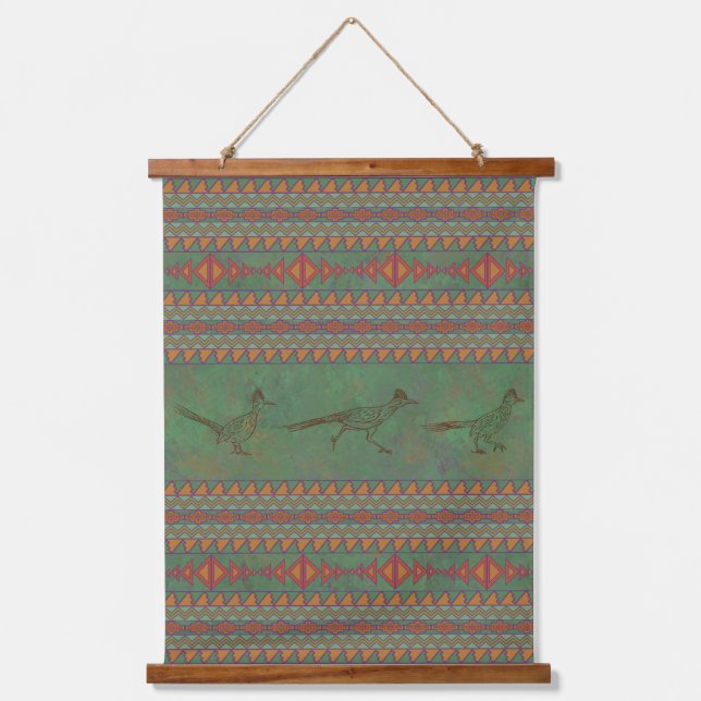 Southwest Roadrunners Sage Green Geometric Hanging Tapestry (Front)