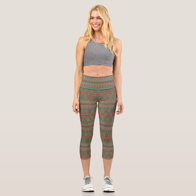 Southwest Sagebrush Green Geometric Design Capri Leggings (Front)