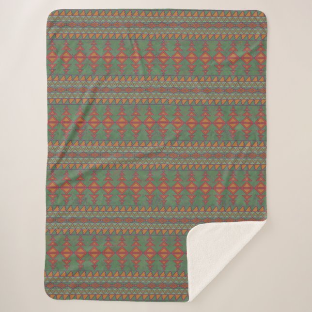 Southwest Sagebrush Green Geometric Design  Sherpa Blanket (Front)