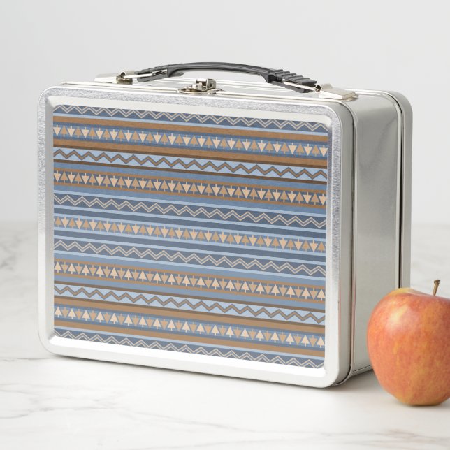 Southwest Style Blue and Brown Geometric Pattern Metal Lunch Box (In Situ)