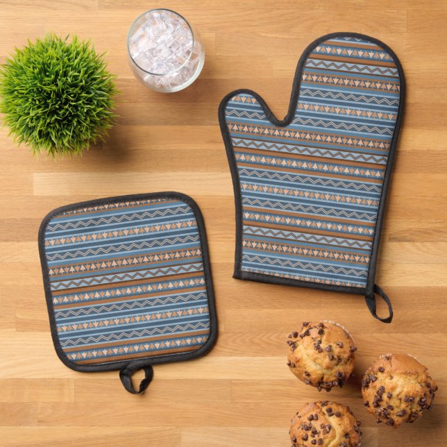 Southwest Style Blue and Brown Geometric Pattern Oven Mitt & Pot Holder Set (Top Down)