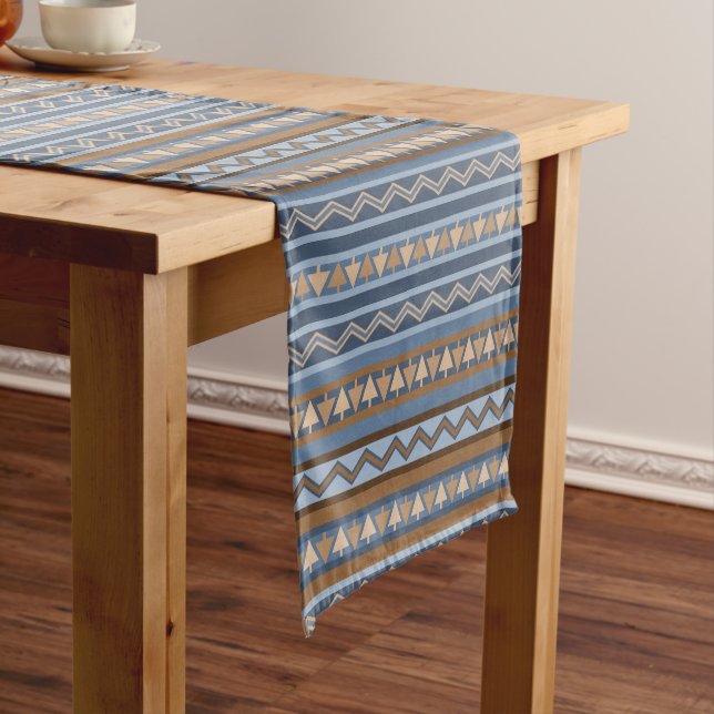 Southwest Style Blue and Brown Geometric Pattern Short Table Runner (In Situ)