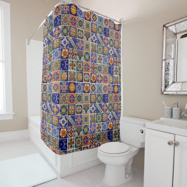 Southwest Style Talavera Tile Colorful Bathroom Shower Curtain (In Situ)
