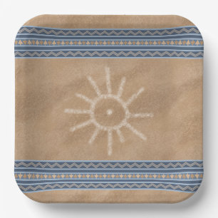 Southwest Sun Petroglyph Blue Geometric Border Paper Plate