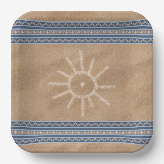 Southwest Sun Petroglyph Blue Geometric Border Paper Plate (Front)