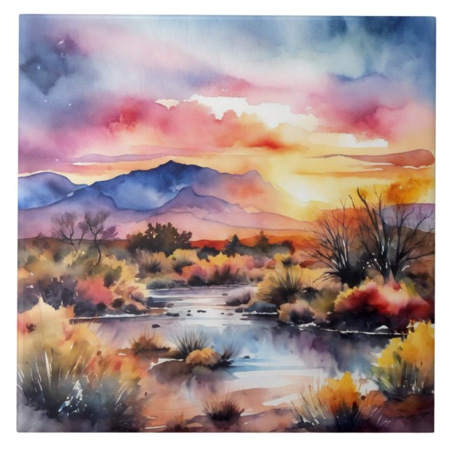 Southwest Sunset & Mountains Watercolor Style  Tile (Front)