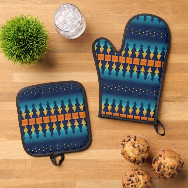 Southwest Sunset Pines Saddle Blanket Style Design Oven Mitt & Pot Holder Set (Top Down)