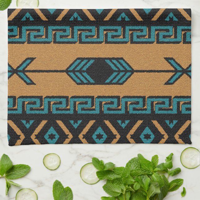 Southwest Tan And Turquoise Aztec Pattern Tea Towel (Folded)