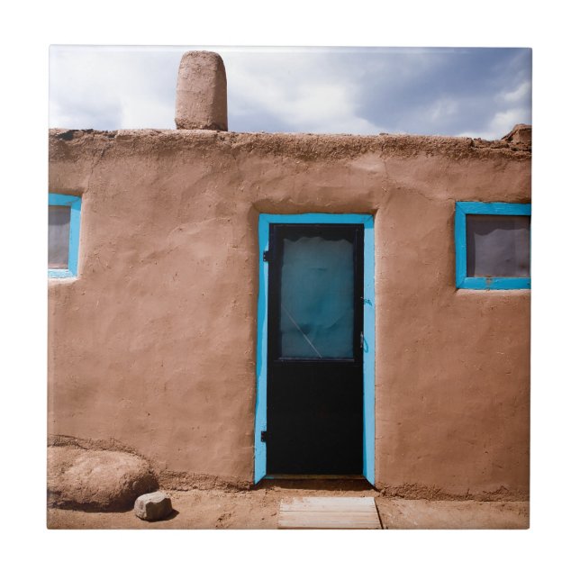 Southwest Taos Adobe Pueblo House Turquoise Door Tile (Front)