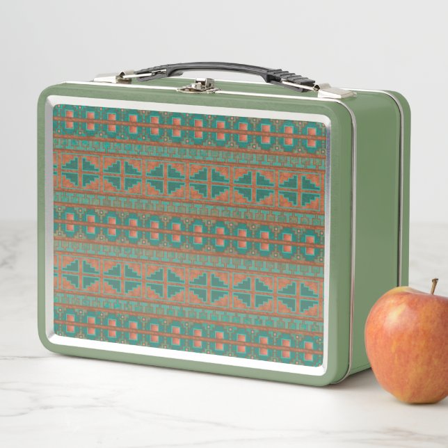 Southwest Teal Copper Colours Geometric Pattern Metal Lunch Box (In Situ)