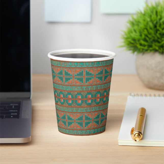 Southwest Teal Copper Colours Geometric Pattern Paper Cups (Insitu)