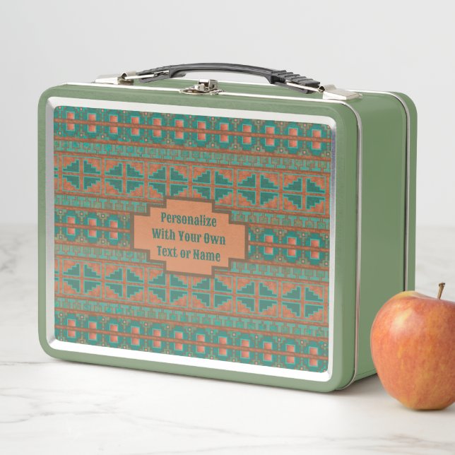 Southwest Teal Copper Geometric Print Personalised Metal Lunch Box (In Situ)