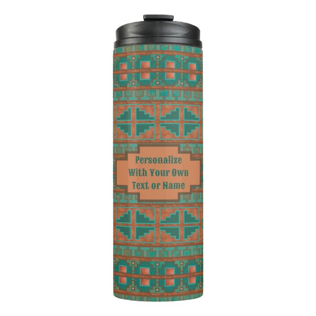 Southwest Teal Copper Geometric Print Personalised Thermal Tumbler (Front)
