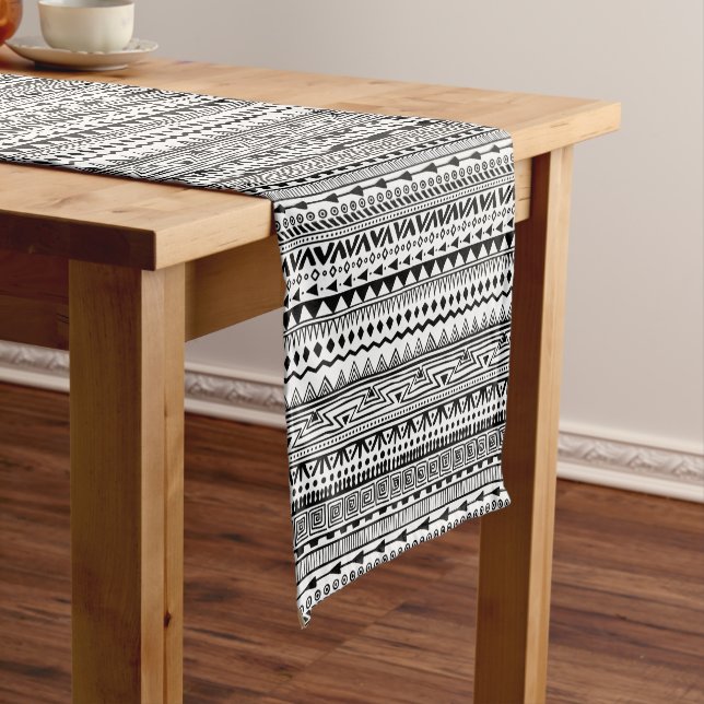 Southwest Tribal Aztec Pattern Black and White Short Table Runner (In Situ)