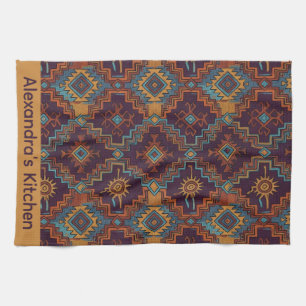 Southwest Tribal Gold Turquoise Dark Purple Tea Towel