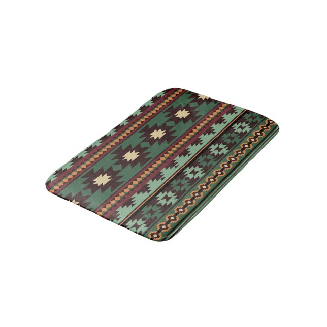 Southwest tribal green brown bath mat (Angled)