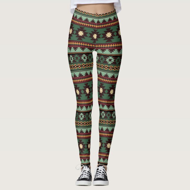 Southwest tribal green brown leggings (Front)