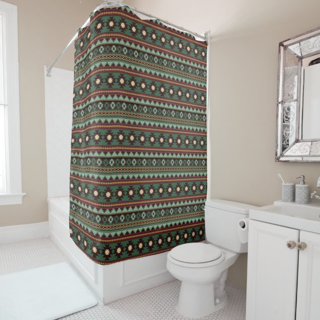 Southwest tribal green brown shower curtain (In Situ)