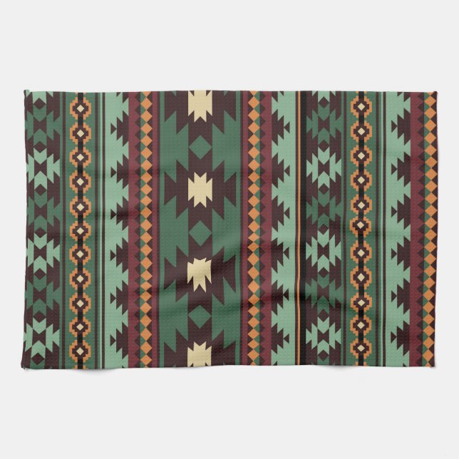Southwest tribal green brown tea towel (Horizontal)