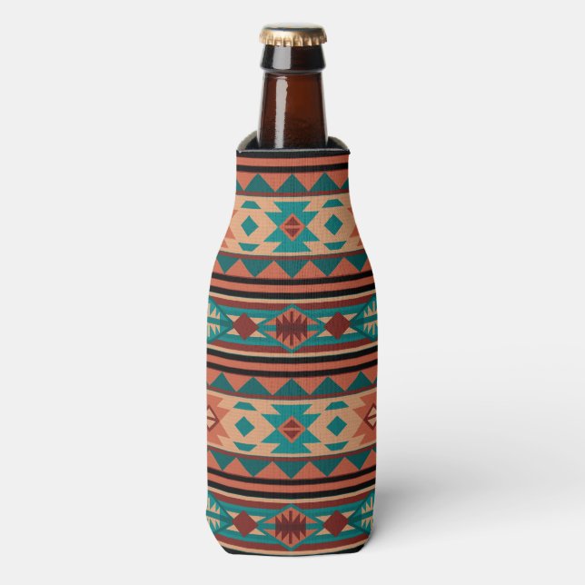 Southwest Tribal Pattern Turquoise Terracotta Bottle Cooler (Bottle Front)