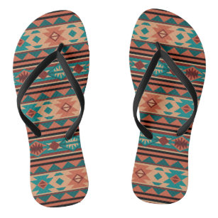 Southwest Tribal Pattern Turquoise Terracotta Flip Flops