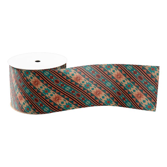 Southwest Tribal Pattern Turquoise Terracotta Grosgrain Ribbon (Spool)