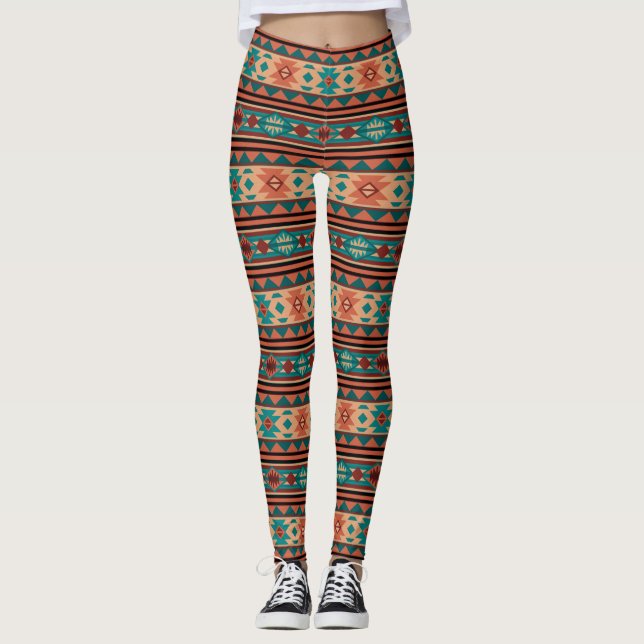 Southwest Tribal Pattern Turquoise Terracotta Leggings (Front)