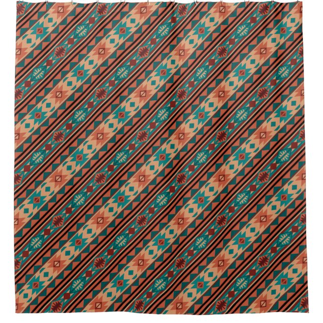 Southwest Tribal Pattern Turquoise Terracotta Shower Curtain (Front)