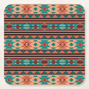 Southwest Tribal Pattern Turquoise Terracotta Square Paper Coaster