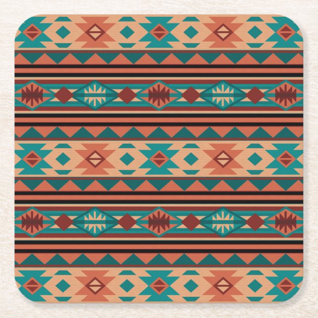 Southwest Tribal Pattern Turquoise Terracotta Square Paper Coaster (Front)