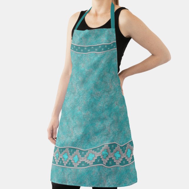 Southwest Turquoise Geometric Pattern Apron (Insitu)