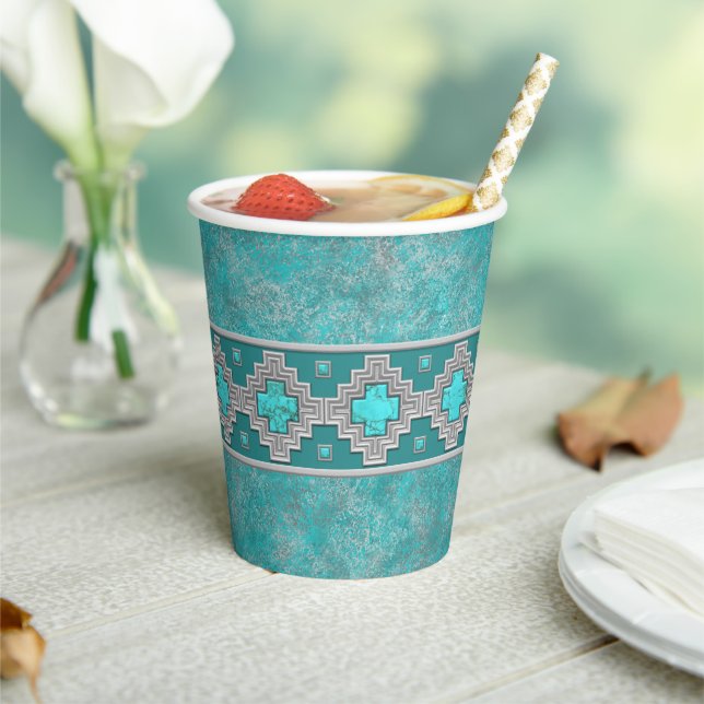 Southwest Turquoise Geometric Stone Pattern Paper Cups (Insitu)
