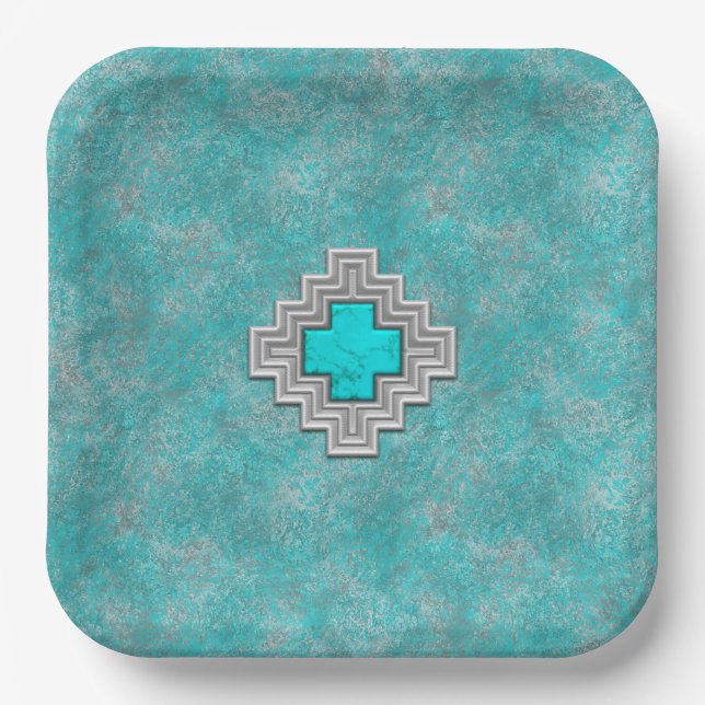 Southwest Turquoise Stone Geometric Design Paper Plate (Front)