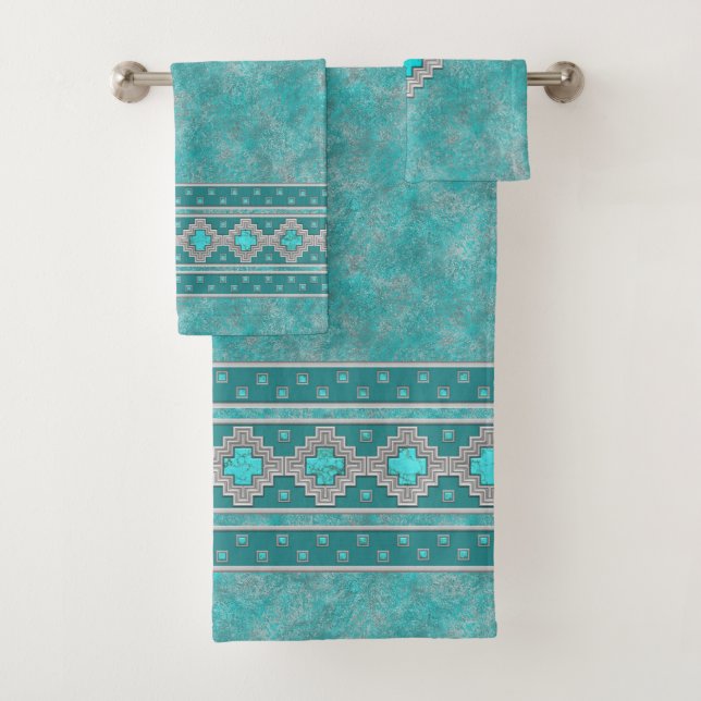 Southwest Turquoise Stone Geometric Pattern Bath Towel Set (Insitu)