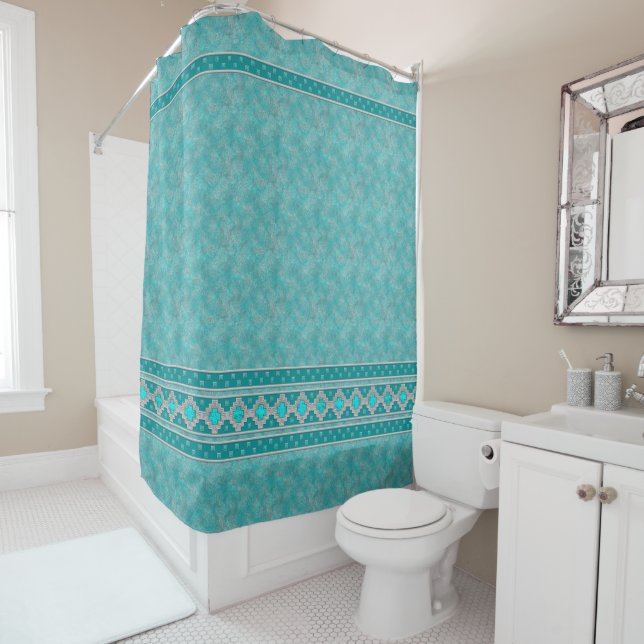 Southwest Turquoise Stone Geometric Pattern Shower Curtain (In Situ)