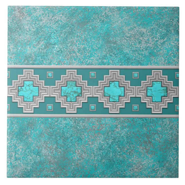 Southwest Turquoise Stone Geometric Pattern Tile (Front)