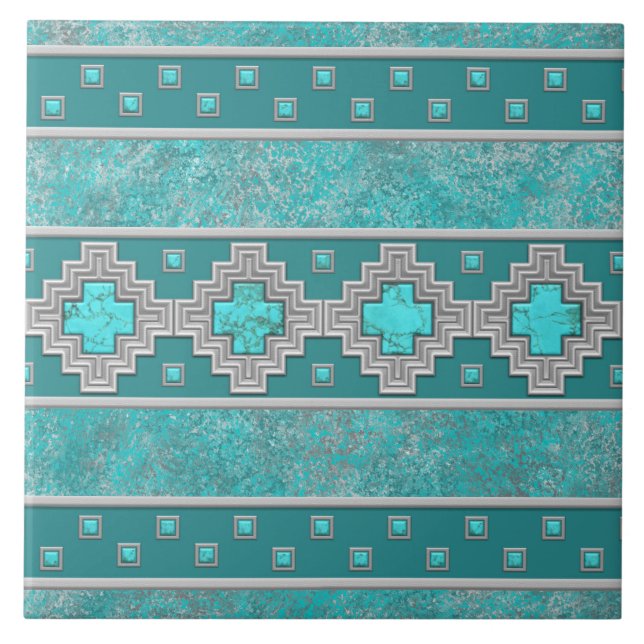 Southwest Turquoise Stone Geometric Pattern Tile (Front)