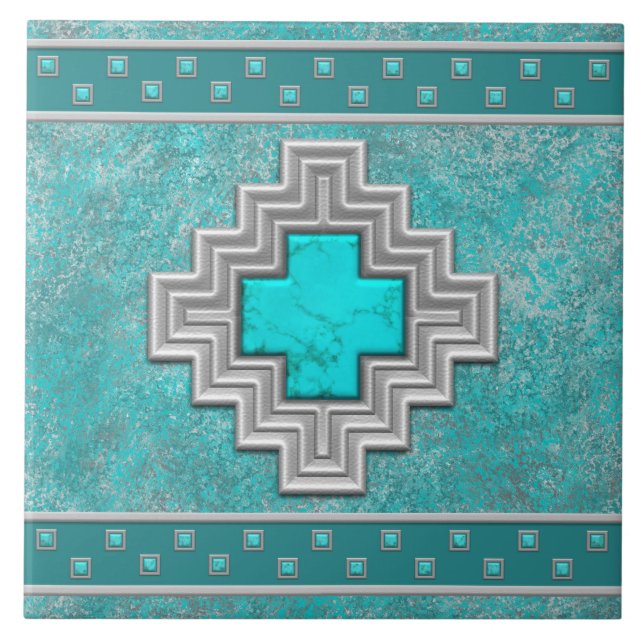 Southwest Turquoise Stone Geometric Pattern Tile (Front)