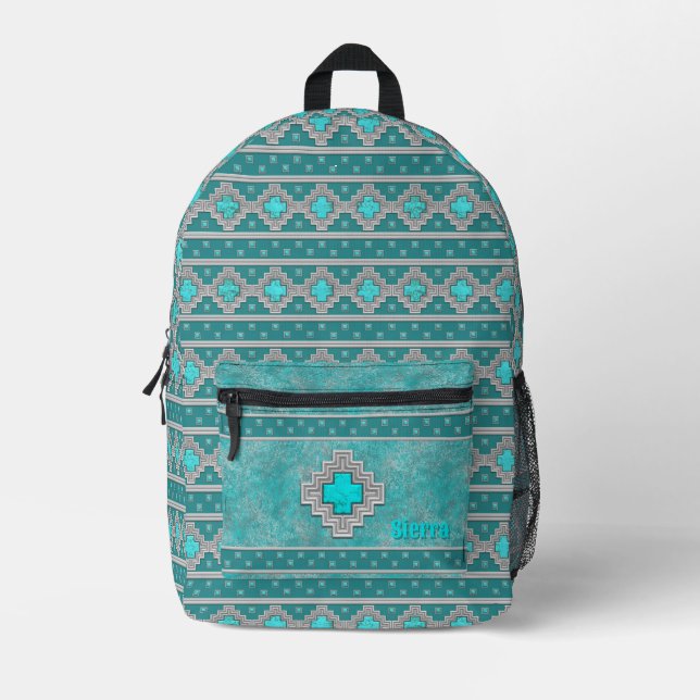 Southwest Turquoise Stone Geometric Personalised Printed Backpack (Front)