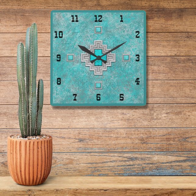 Southwest Turquoise Stone Geometric Western Style  Square Wall Clock (Creator Uploaded)