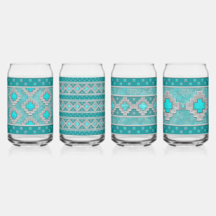 Southwest Turquoise Stones Geometric Assorted Set Can Glass