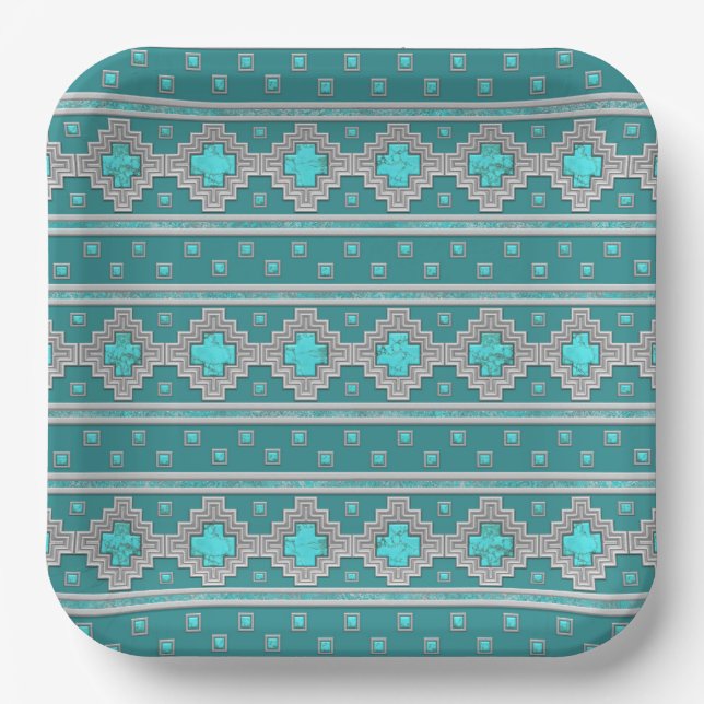 Southwest Turquoise Stones Geometric Print Paper Plate (Front)