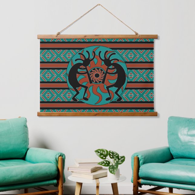 Southwest Turquoise Tribal Sun Kokopelli Hanging Tapestry (Living Room)