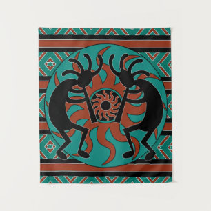 Southwest Turquoise Tribal Sun Kokopelli Tapestry