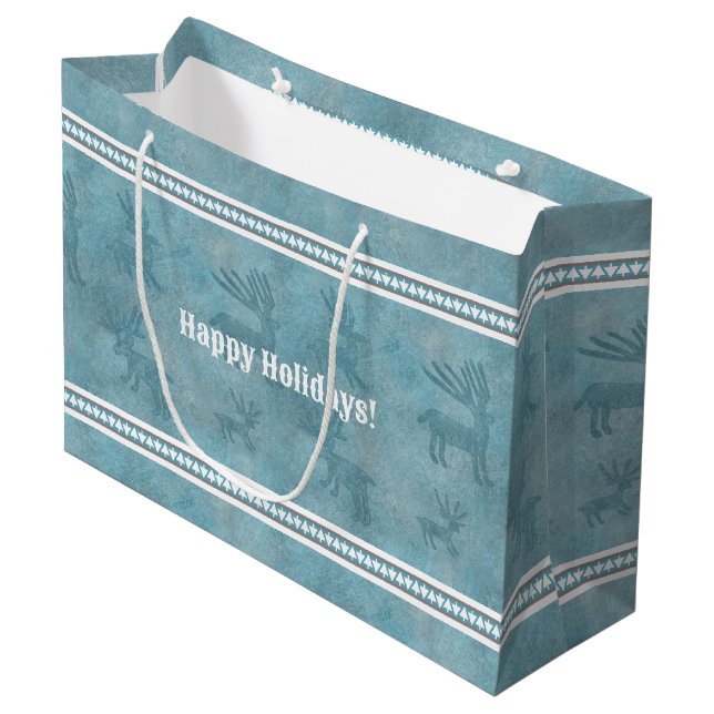 Southwest Winter Deer and Geometric Pines Blue Large Gift Bag (Front Angled)