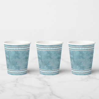 Southwest Winter Deer and Pine Trees Design Blue Paper Cups